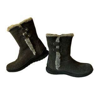 Minnetonka Womens Grey Suede Faux Fur Trim Mid Calf Winter Boots Size 6